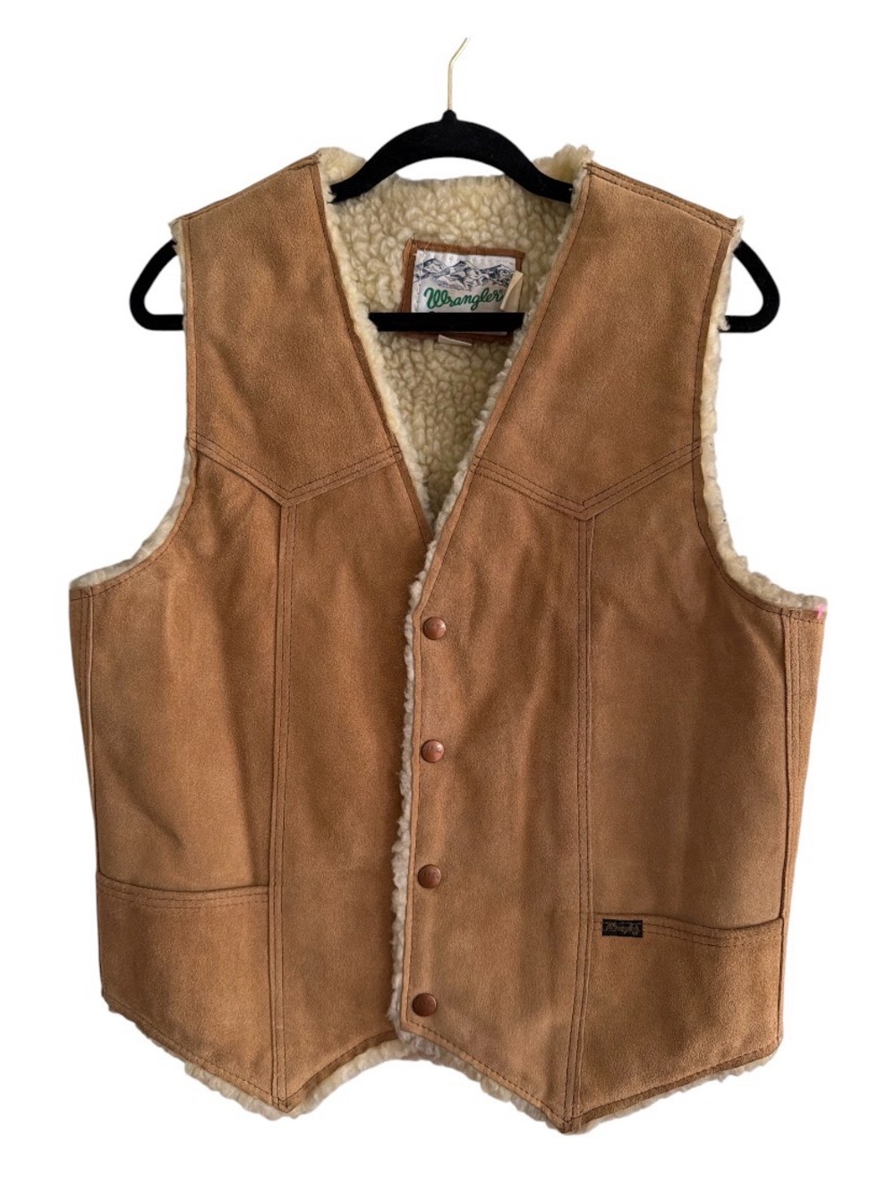 Wrangler Outerwear Vest Mens Large Tan Genuine Leather Sherpa Lined Western USA